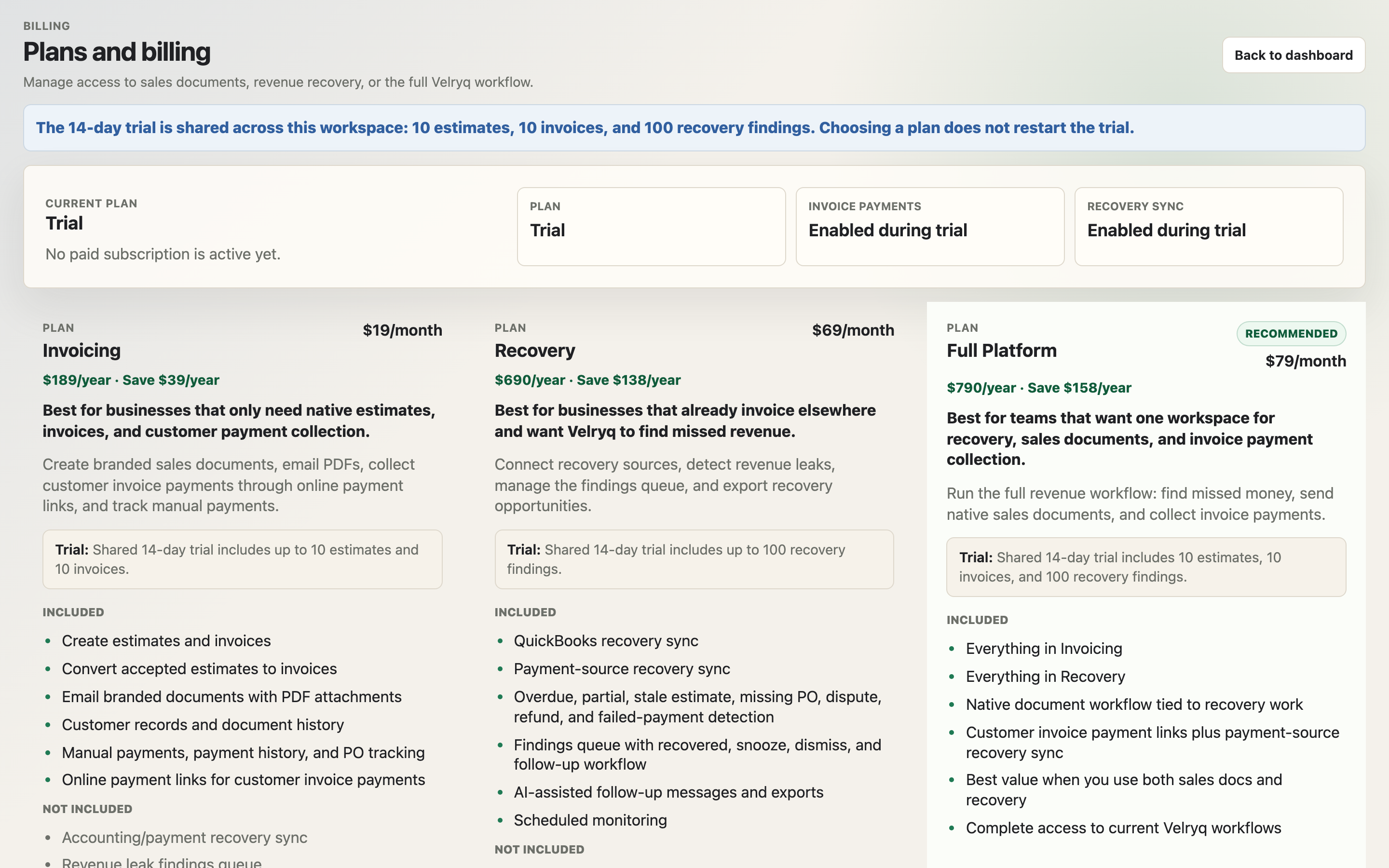 Velryq billing page showing trial status and plan options for invoicing, recovery, and full platform workflows.