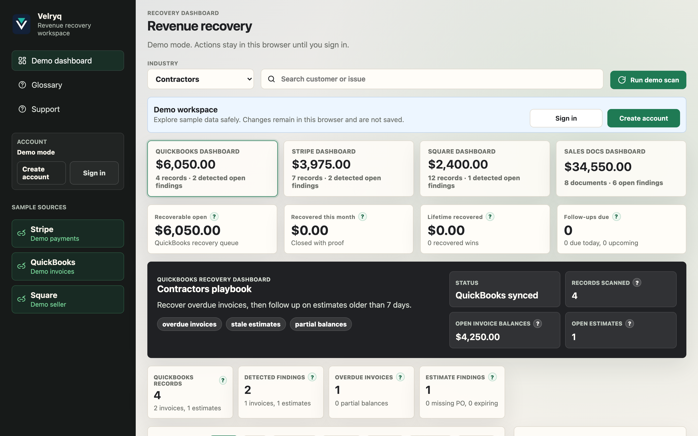 Velryq QuickBooks recovery dashboard showing recoverable revenue, open opportunities, confidence, and recommended actions.