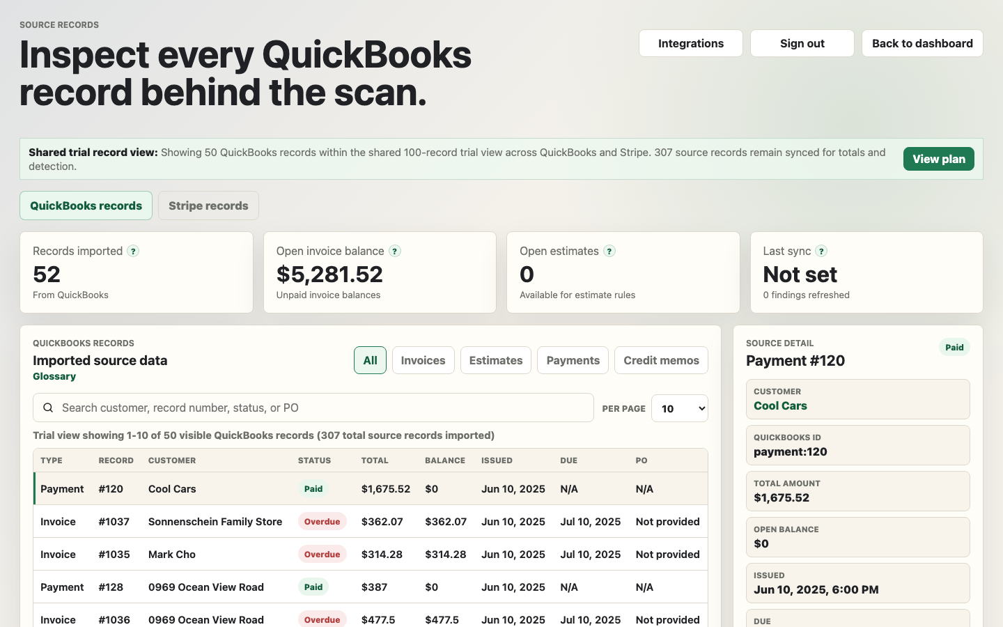 Velryq QuickBooks source records view showing imported invoices, payments, balances, and source detail.