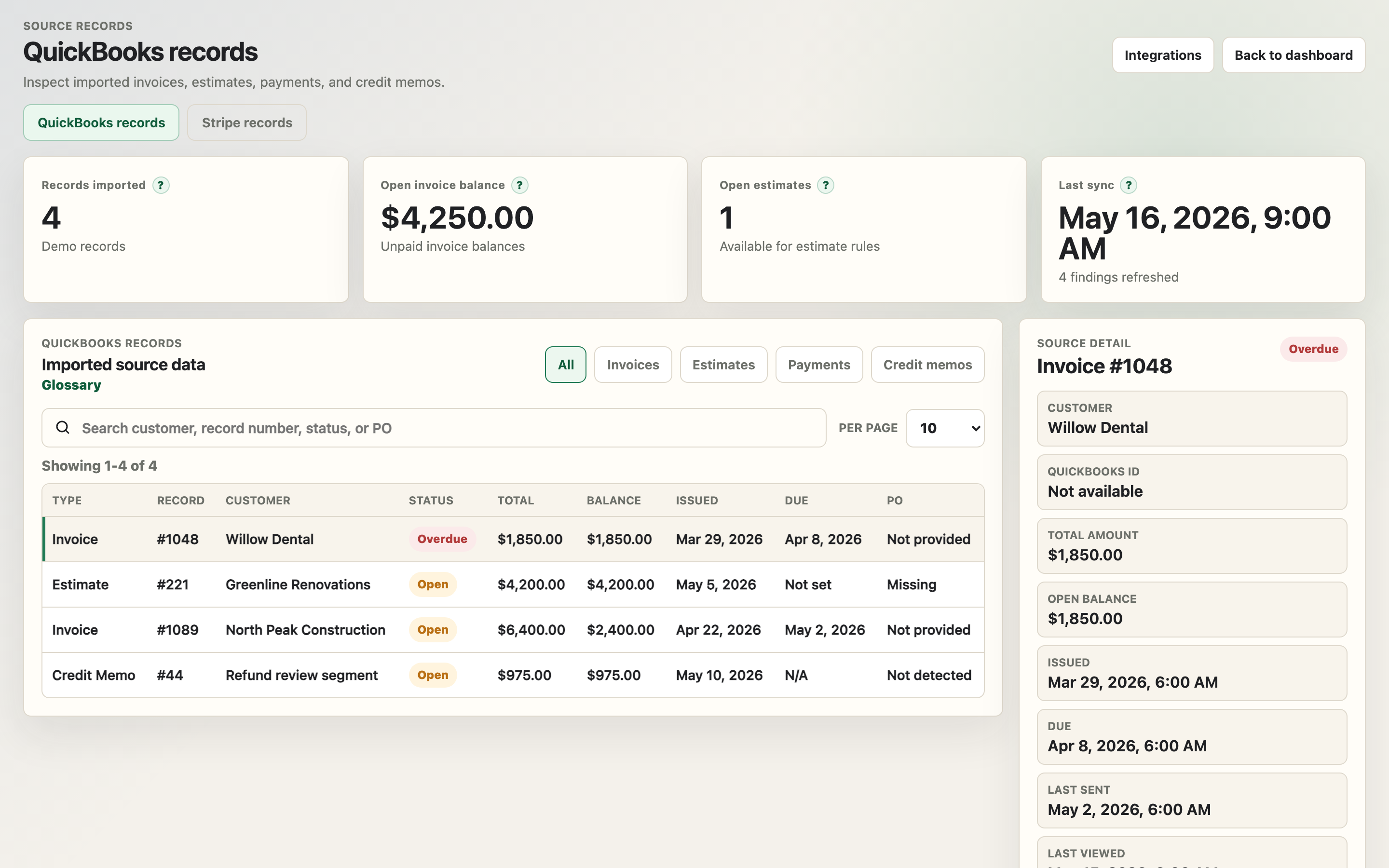 Velryq QuickBooks source records view showing imported invoices, payments, balances, and source detail.