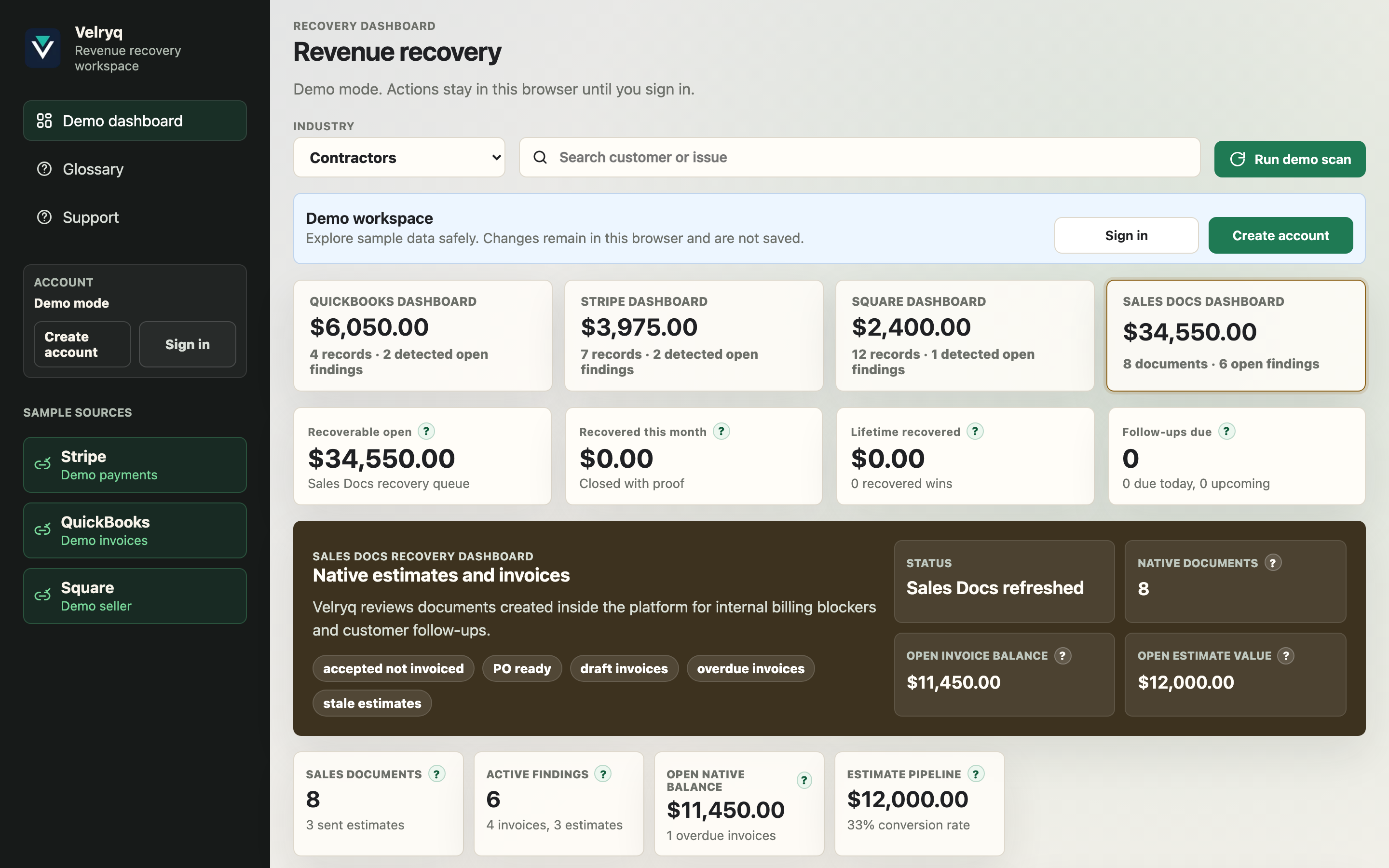 Velryq sales documents dashboard showing native estimate and invoice recovery opportunities.