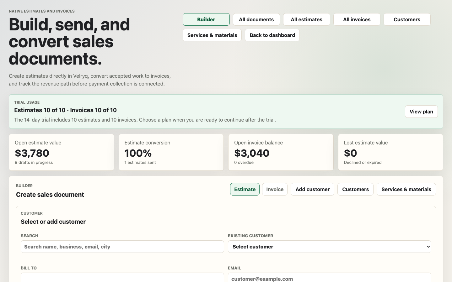 Velryq sales document builder showing branded estimate or invoice editing with preview and totals.