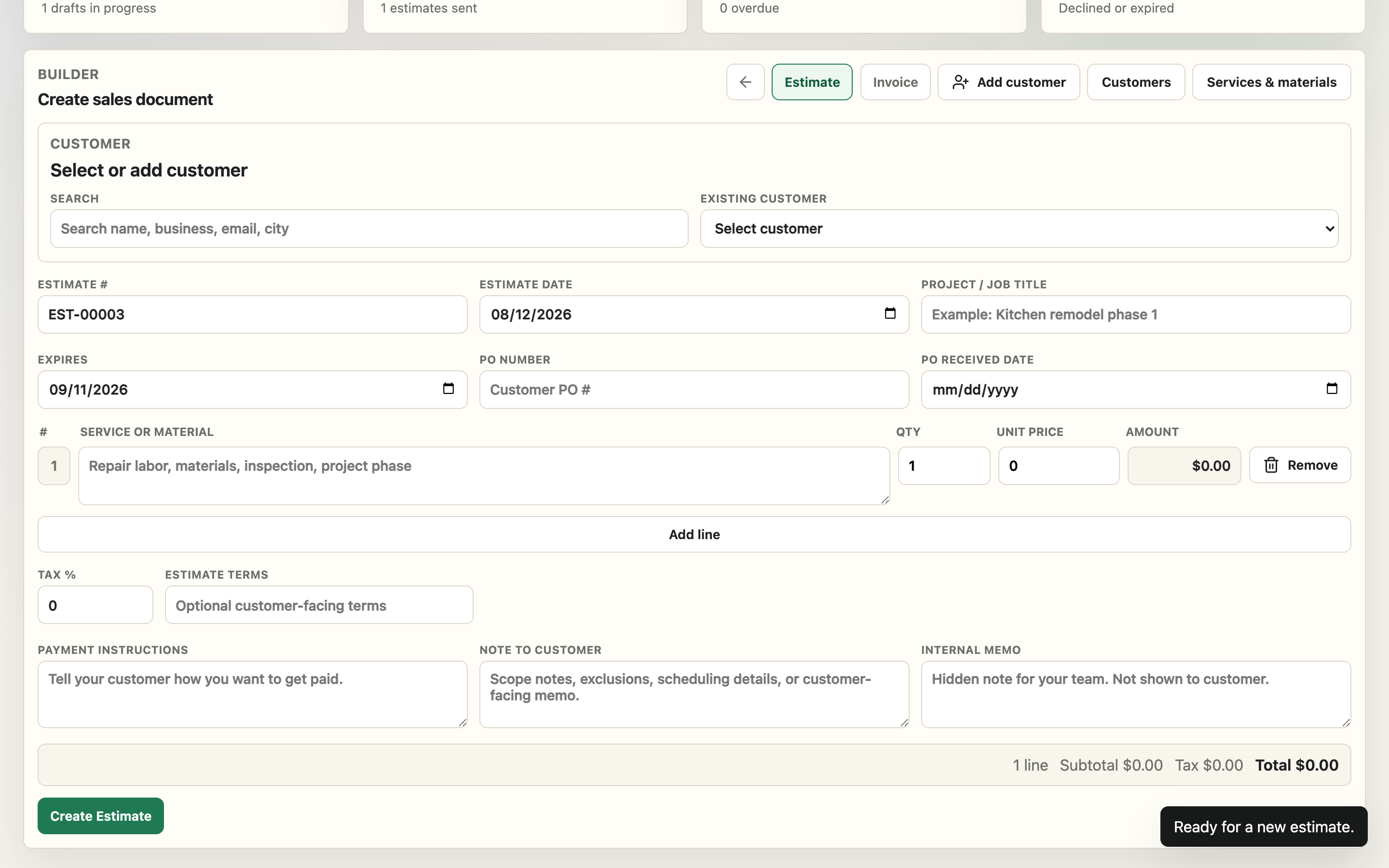 Velryq sales document builder showing branded estimate or invoice editing with preview and totals.