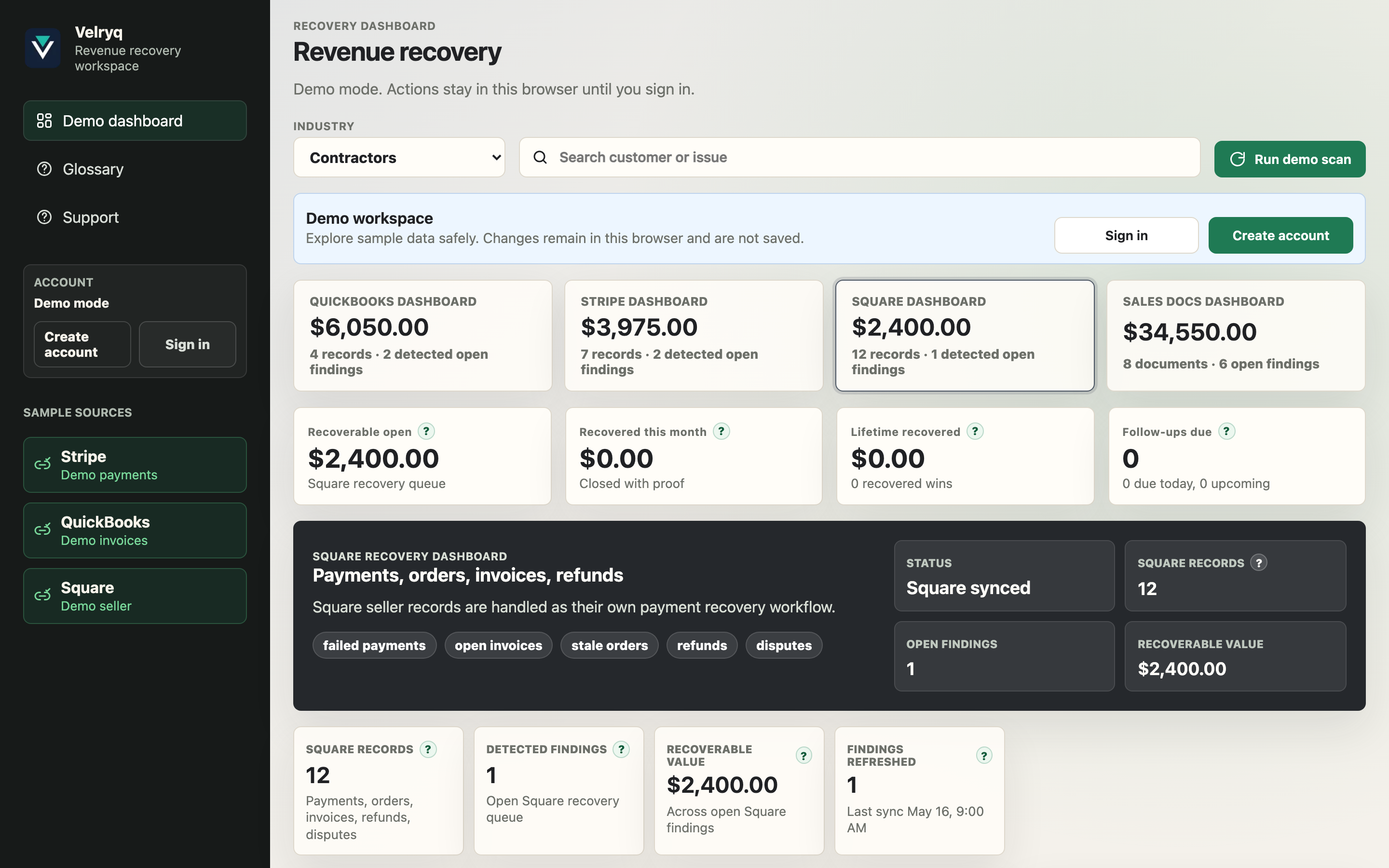 Velryq Square recovery dashboard showing QuickBooks, Stripe, Square, native sales documents, and Square recoverable findings in one workspace.