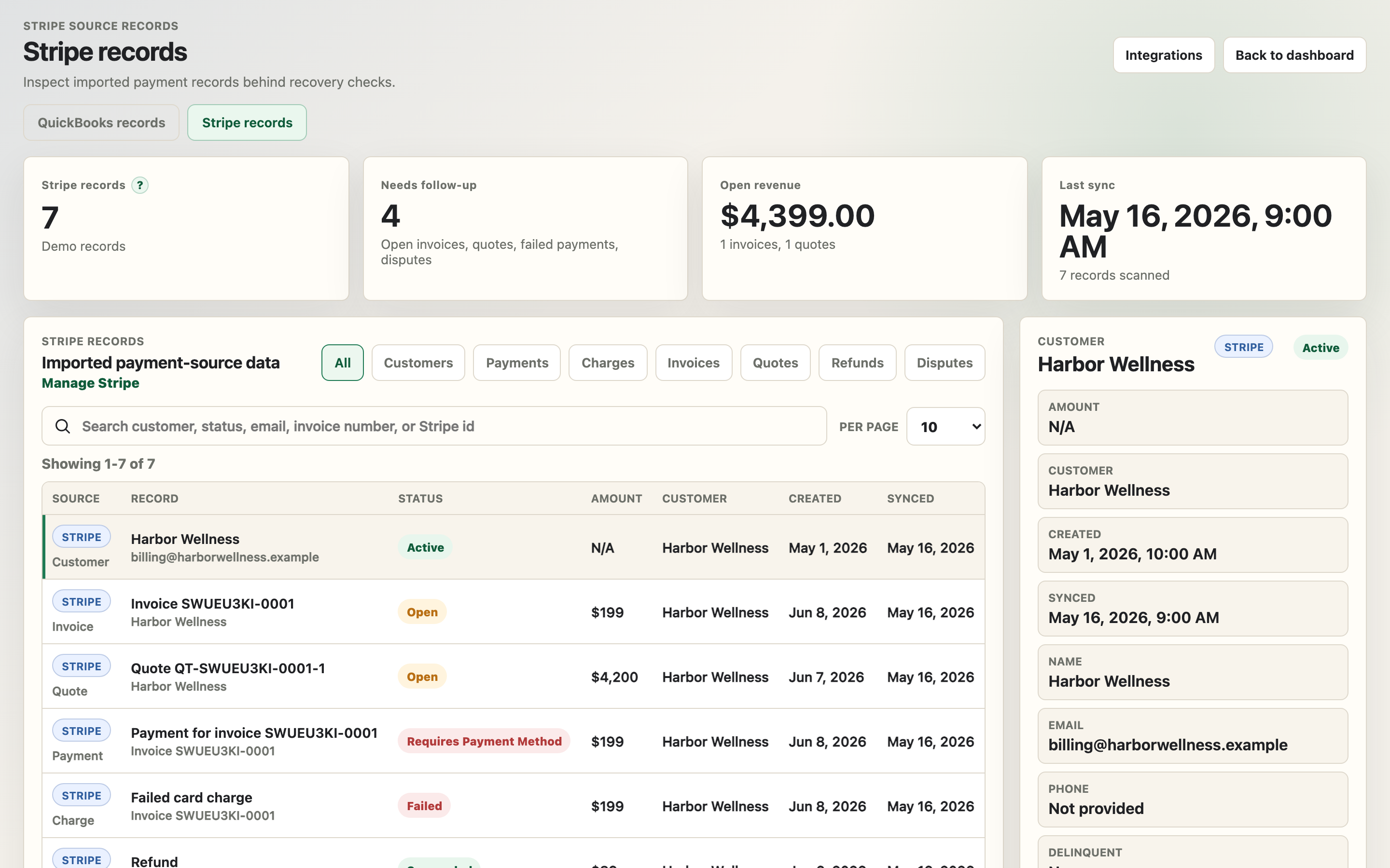 Velryq Stripe source records view showing payment activity, records, and customer detail.